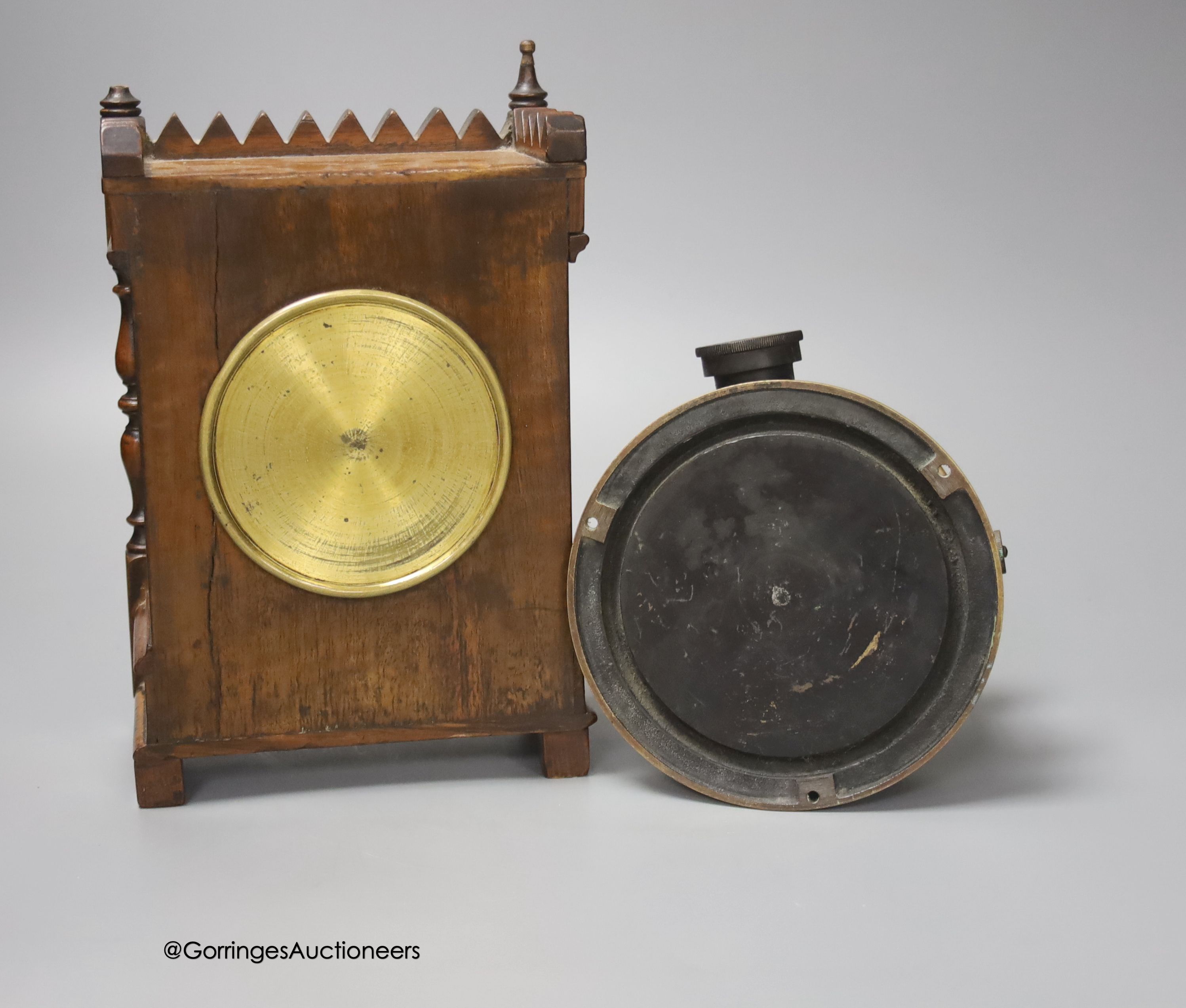 A French walnut cased mantel timepiece, with key, 23cm, and a brass cased Milli-Amps scale
